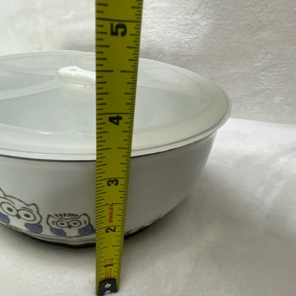 Yokohama Studio Hand Painted Ceramic Owl Food Storage Bowl Vented Lid White Blue